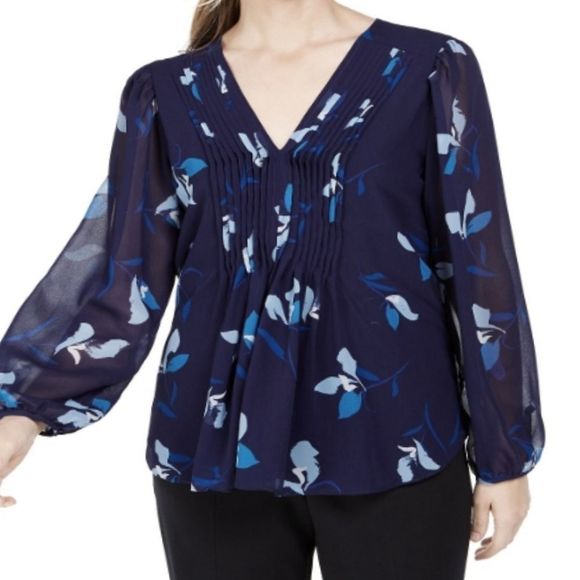 Calvin Klein floral print pleated blouse blue - Picture 1 of 11